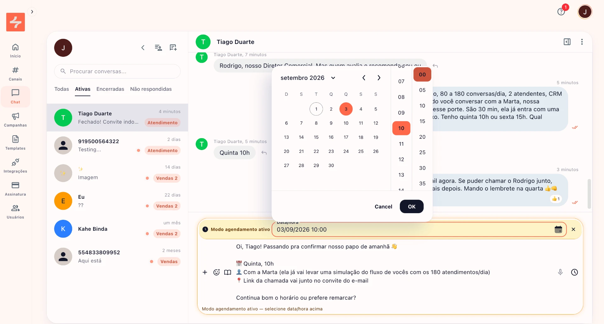 Interface do módulo Chat no KORY ONE